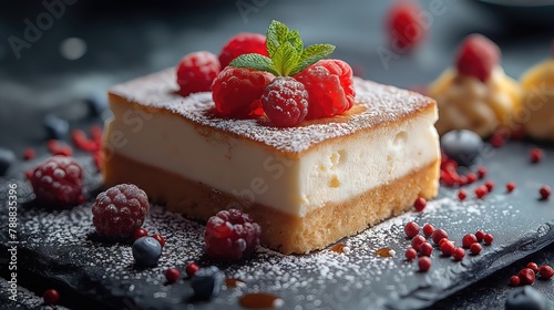 Decadent Raspberry Cheesecake on Dark Slate