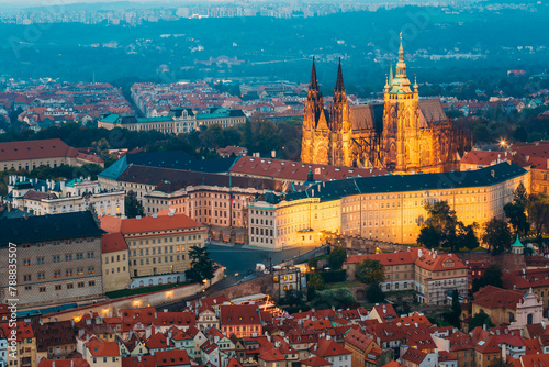 View of Prague, Czech Republic. Castle, St. Vitus Cathedral. Aerial view to Lesser Town, Prague castle and St. Nicholas church