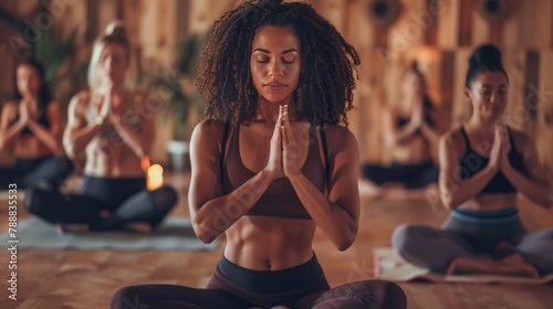 A group of women doing yoga in a studio, their bodies moving in perfect harmony. They are all focused and serene, and the room is filled with calming energy.