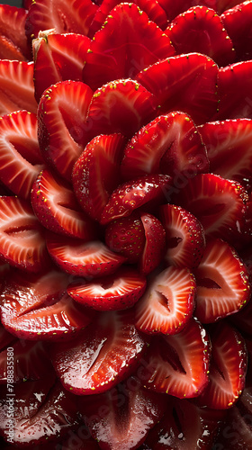 Beautiful presentation of Strawberry balsamic reduction spread in a sunburst pattern, hyperrealistic food photography