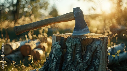 On a bright summer day an axe rests atop a wooden block surrounded by neatly chopped lumber billets in the background photo