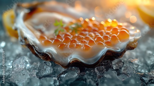 Gourmet Oyster Topped with Salmon Roe on Crushed Ice photo