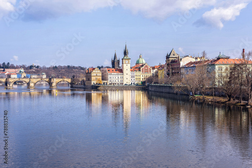 Vltava River, Charles Bridge and famous clocktower