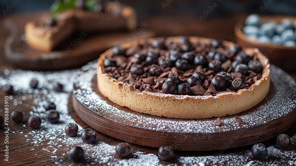 Delicious Blueberry Chocolate Tart on Wooden Table Delicious Blueberry Chocolate Tart on Wooden Table