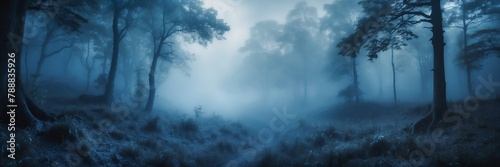 dark blue foggy fantasy forest landscape background from Generative AI © SevenThreeSky
