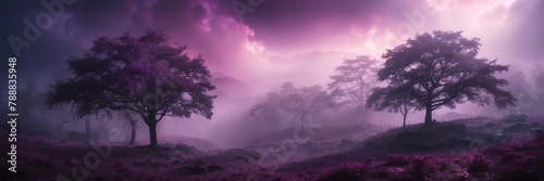 dark purple foggy fantasy forest landscape background from Generative AI