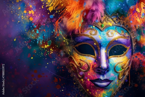 venetian carnival mask with colorful paint splashes masquerade party banner design mardi gras celebration © Lucija