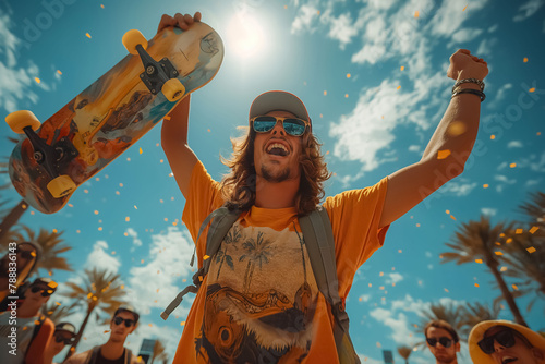 Skateboarder celebrating a win in competition photo