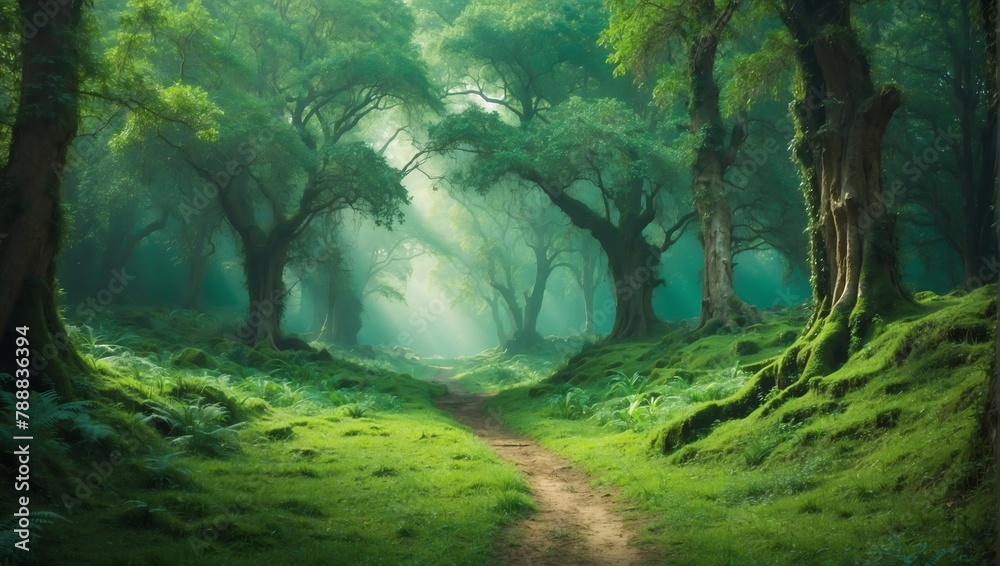 green theme fantasy forest landscape with pathway and dense trees background from Generative AI