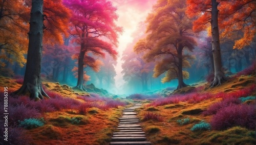 colorful theme fantasy forest landscape with pathway and dense trees background from Generative AI