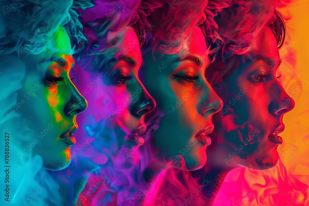 vibrant group portrait collage with neon light effects on colorful background digital art