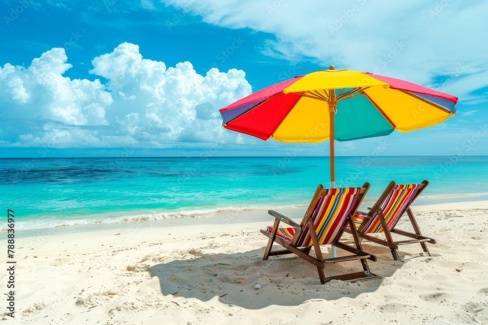 Bright beach umbrella with sun loungers on tropical beach