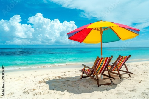 Bright beach umbrella with sun loungers on tropical beach © InfiniteStudio