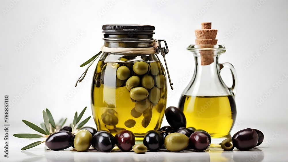 Clean Elegance: Olives and Olive Oil Isolated on White Clean Elegance: Olives and Olive Oil Isolated on White