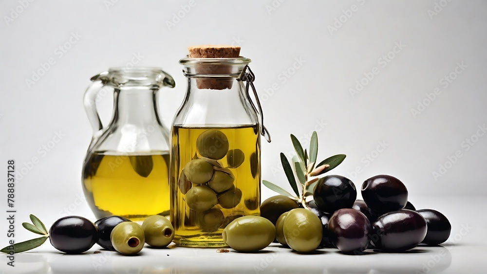 Minimalist Beauty: Olives and Olive Oil Against a White Backdrop