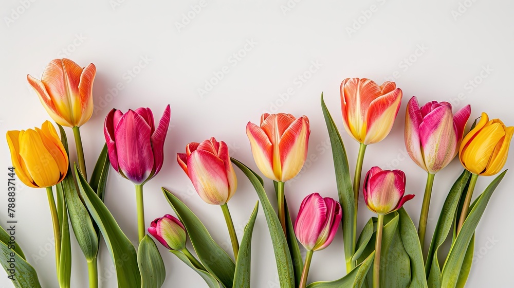 A vibrant display of blooming tulips on a crisp white backdrop makes the perfect feminine touch for occasions like Women s Day Mother s Day or birthdays A vibrant display of blooming tulips on a crisp white backdrop makes the perfect feminine touch for occasions like Women s Day Mother s Day or birthdays