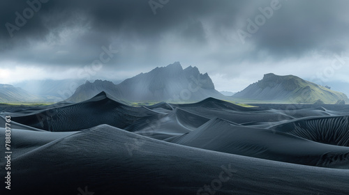Desolate black desert landscape with mountains in the background under a cloudy sky
