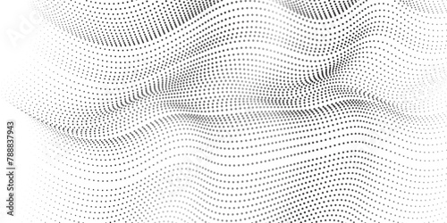 Flowing dot particles wave pattern halftone black gradient smooth curve shape isolated on transparent background. Vector in concept of technology, science, music, modern vector wavy