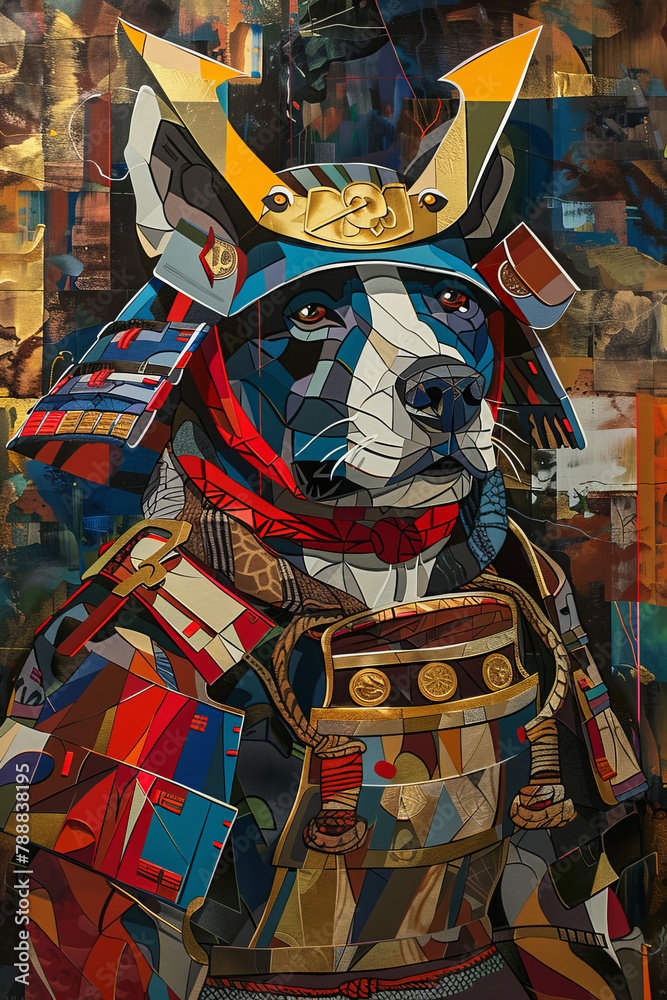 A dog is wearing a samurai costume and has a gold helmet on A dog is wearing a samurai costume and has a gold helmet on
