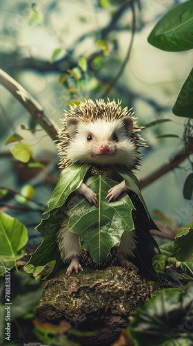 A hedgehog is wearing a leafy costume and standing on a rock