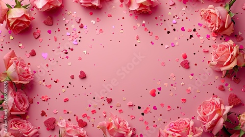 Valentine s Day background featuring a frame crafted from delicate rose flowers against a vibrant pink backdrop sprinkled with confetti