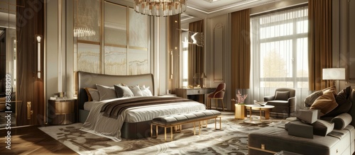 Picture showing a large bedroom with contemporary and elegant furnishings
