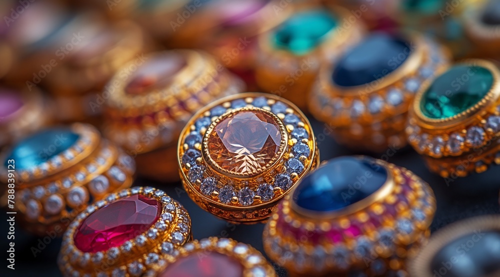 Fototapeta premium Various exquisite and beautiful jewelry, diamond jewelry, gemstone rings, necklaces and gold