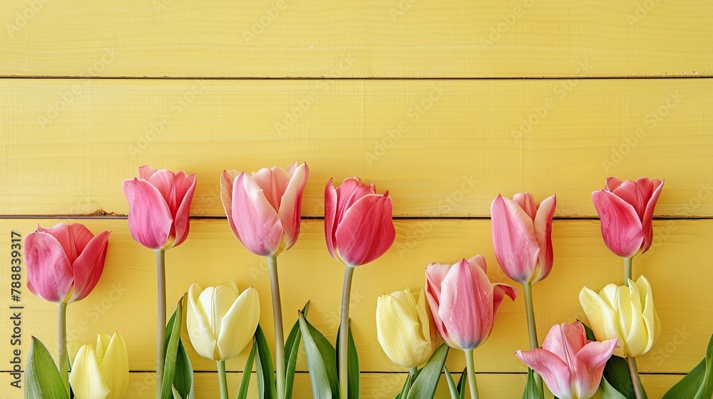 Obraz premium Celebrate Mother s Day with a charming display of tulips blooming against a soft pastel yellow wooden backdrop