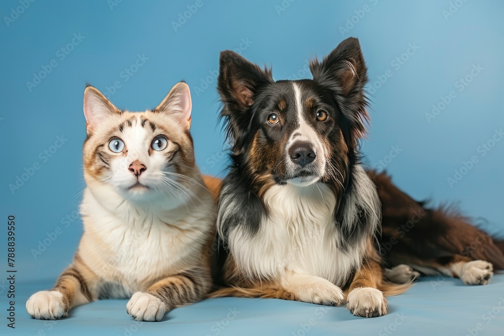 tabby cat and border collie dog in front of a blue gradient background - generative ai tabby cat and border collie dog in front of a blue gradient background - generative ai