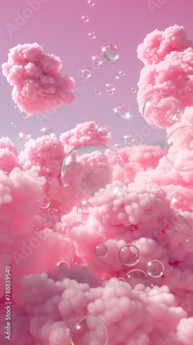 Dreamy 3D of pink clouds and bubbles. Background with pink clouds