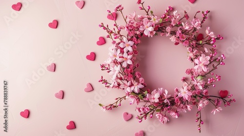 Valentine s Day vibes fill the air with a beautiful wreath crafted from delicate pink flowers set against a backdrop of pastel pink adorned with charming hearts This captivating scene embod © 2rogan