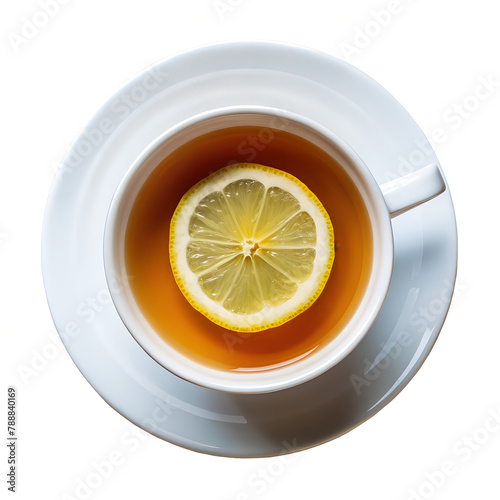Cup of tea with lemon on transparent background, top view
