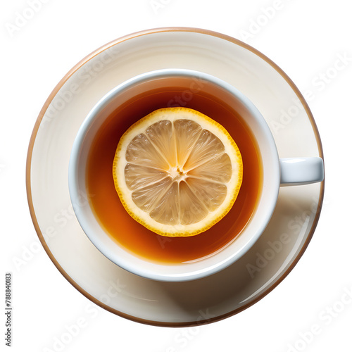 Cup of tea with lemon on transparent background, top view
