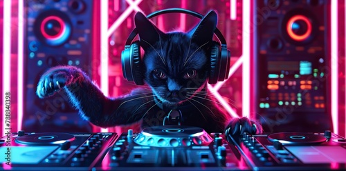 Black cat DJ with a focused expression. Manipulating controls in a mini booth. Neo-pop art..