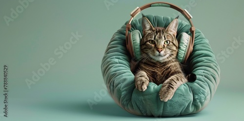 Sweet dreams! Tabby cat naps in a headphone-shaped cat bed. Light green background.. photo