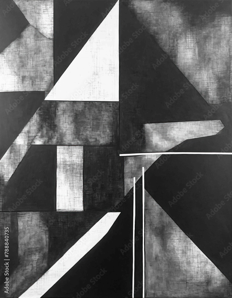 Geometric monochrome painting with charcoal blending on canvas. Contemporary painting. Modern poster for wall decoration