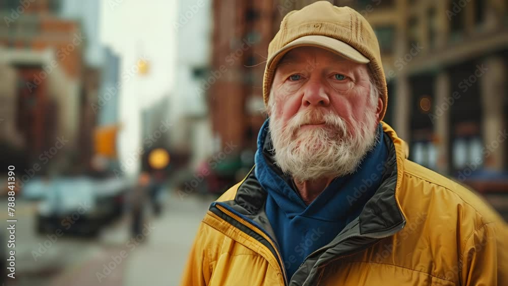 Pushing towards an homeless Caucasian man with a white beard and baseball cap wearing winter clothes standing on the side of the street in New York City during the day Pushing towards an homeless Caucasian man with a white beard and baseball cap wearing winter clothes standing on the side of the street in New York City during the day