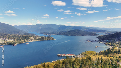 Beautiful aerial view of the Burrard Inlet as seen from North Burnaby during a spring season in British Columbia, Canada photo