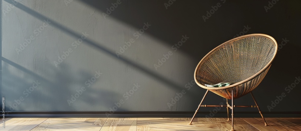 Interior room featuring a wicker chair against a dark grey wall. - obrazy, fototapety, plakaty 