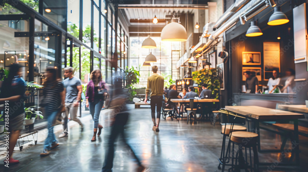 blurred image of people in an indoor cafe, restaurant, store, shop, bokeh lights and copy space blurred image of people in an indoor cafe, restaurant, store, shop, bokeh lights and copy space