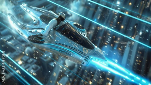 Bluish-white glowing futuristic spacecraft zooms through space at tremendous velocity, trailing streaks of light.  photo