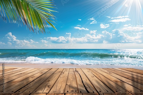 Summer tropical sea with waves, palm leaves and blue sky with clouds. Perfect vacation landscape with empty wooden table - generative ai © Nia™