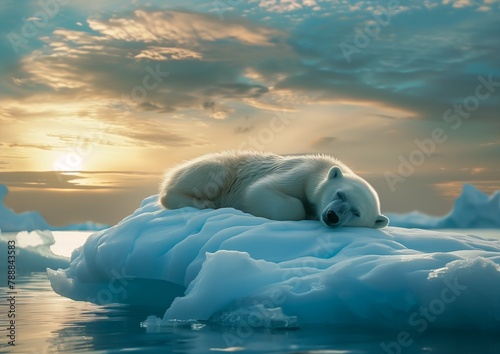 polar bear laying piece ice sleepy atmospherics early morning asleep beyond horizon