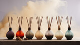 Aromatic Reed Diffusers on Shelf with Earthy Tones and Clouds