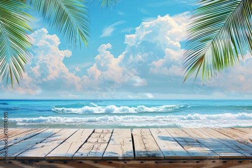 Summer tropical sea with waves, palm leaves and blue sky with clouds. Perfect vacation landscape with empty wooden table - generative ai