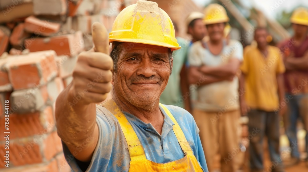 Naklejka premium The skilled bricklayer gave a confident thumbs up signaling approval on Labor Day amidst a crowd of builders engineers and laborers