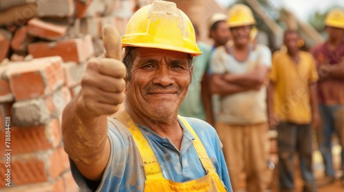 The skilled bricklayer gave a confident thumbs up signaling approval on Labor Day amidst a crowd of builders engineers and laborers © 2rogan