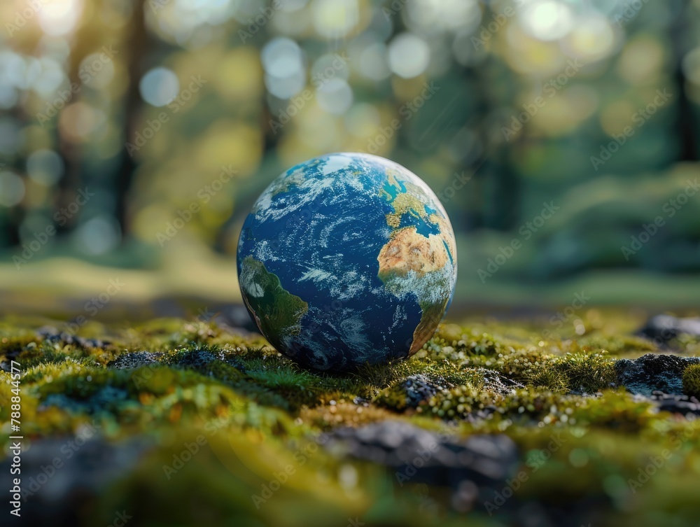 Earth day. Globe nestled in grass with daisies, highlighting Earth's natural beauty and ecology Earth day. Globe nestled in grass with daisies, highlighting Earth's natural beauty and ecology
