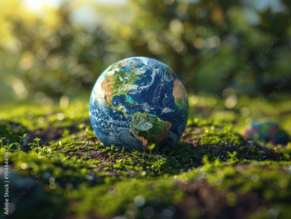 Earth day. Globe nestled in grass with daisies, highlighting Earth's natural beauty and ecology Earth day. Globe nestled in grass with daisies, highlighting Earth's natural beauty and ecology