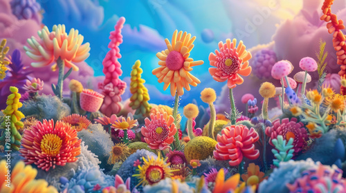 Cheerful plush toy flowers in vibrant  dreamy 3D scenery